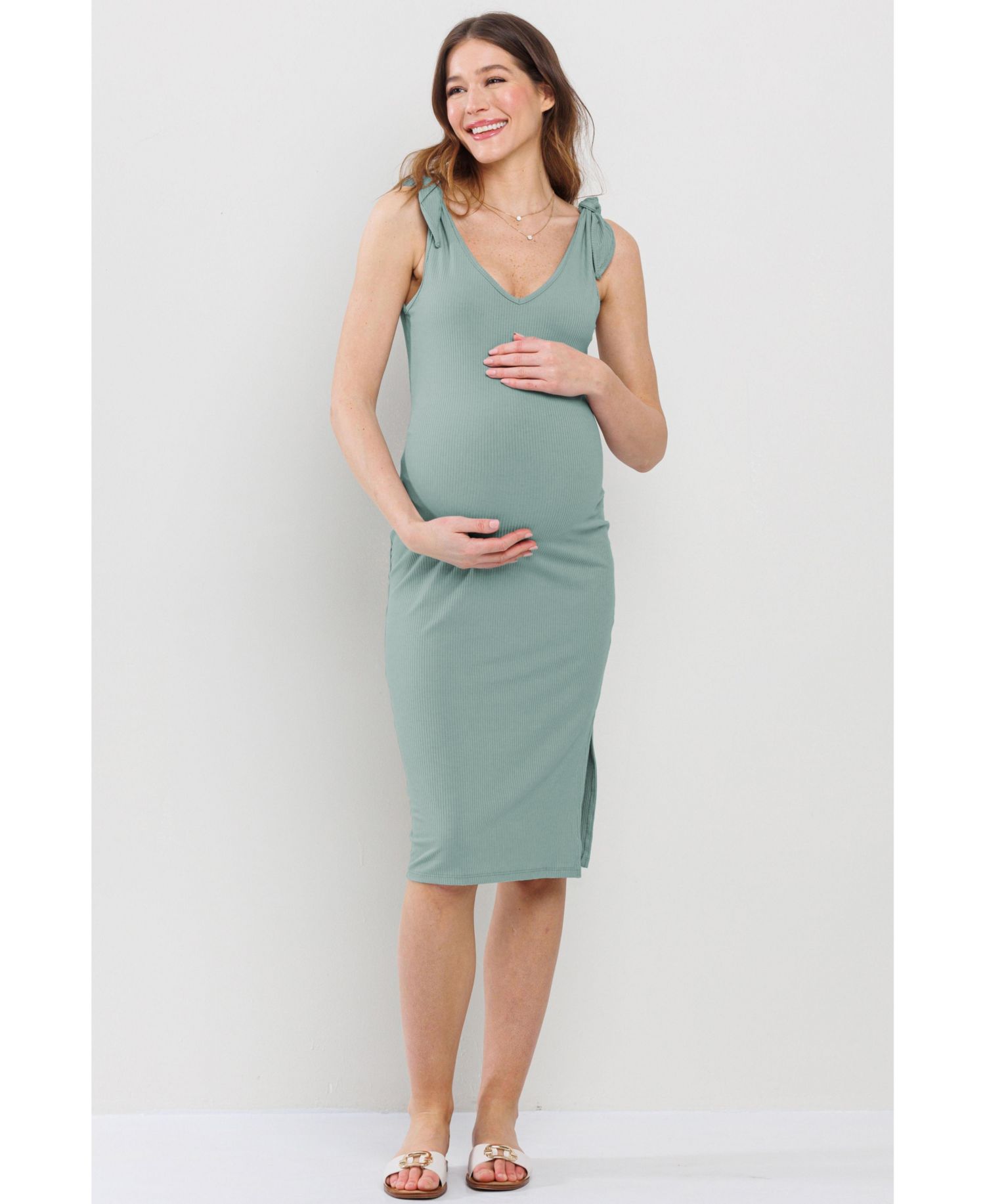 Women's Ribbed Bodycon Nursing Dress with Tie Shoulders