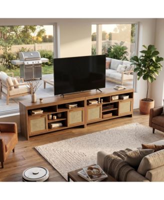 2 Pieces  Boho TV Stand for 65 in, 58inch  Rattan Entertainment Center with Storage, Adjustable Shelves and Doors for Living Room