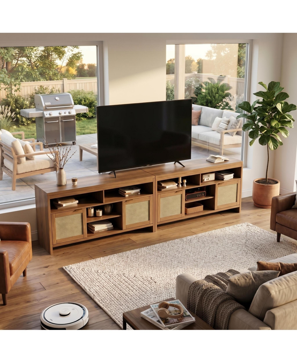 homfan 2 Pieces Boho Tv Stand for 65 in, 58inch Rattan Entertainment Center with Storage, Adjustable Shelves and Doors for Living Room - Natural