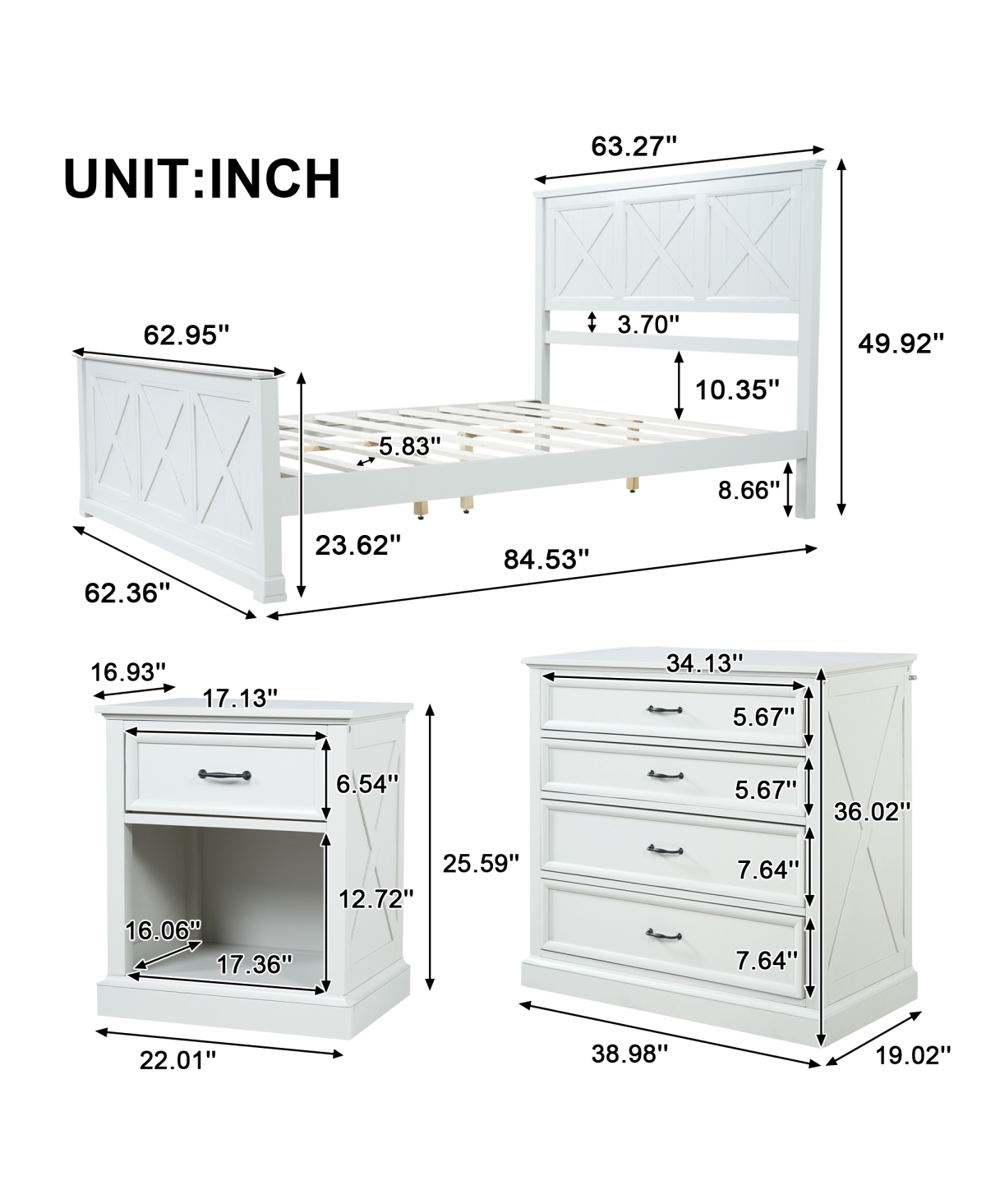 Streamdale Furniture Streamdale 4-Piece Farmhouse Queen Bedroom Set with Bed 2 Nightstands and Dresser