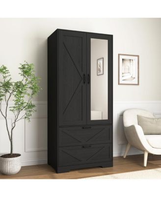 2-Door Wood Wardrobe with Hanging Rod 2 Drawers Mirror and Induction Light