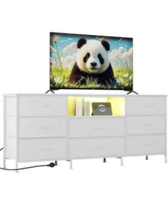  TV Stand with 8 Fabric Drawers and LED Lighting, Steel Frame Media Console for 65 70 75 Inch Televisions