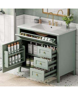36 Inch Modern Bathroom Vanity with Ceramic Sink, Storage Cabinet, Solid Wood Legs and Adjustable Shelves