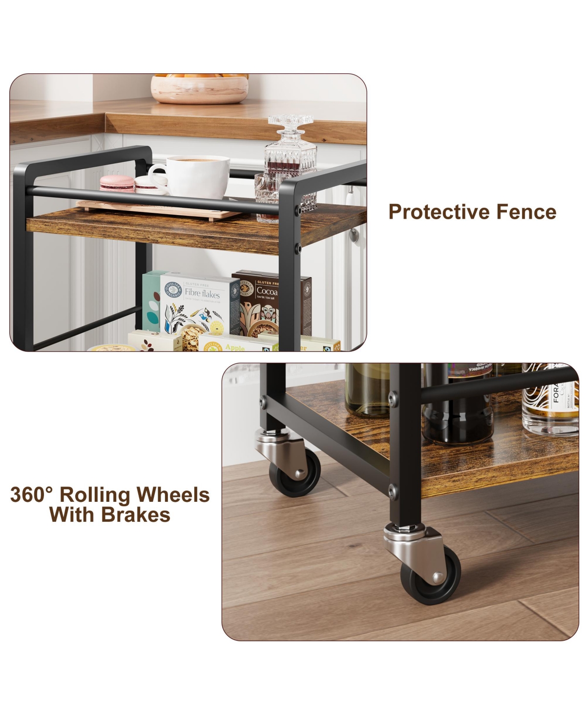 homfan Rolling Kitchen Cart 3-Layer Small Bar Cart with 360 Degree Swivel Wheels and Brakes, Coffee Drink Cart for Home or Party