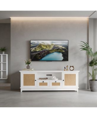 Modern Rattan Entertainment Console, Engineered Wood TV Stand with Metal Handles, Multi-Functional Storage Media Cabinet