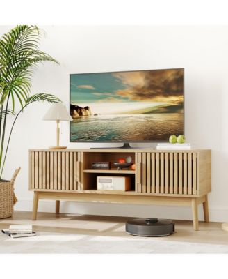 Boho TV Stand for Living Room, Modern Entertainment Center for TVs Up to 50 Inch, Television Console with Fluted Door Storage Cabinet