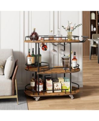 3-Tier Bar Cart on Wheels, Mobile Serving Cart with Wine Rack and Glass Holder