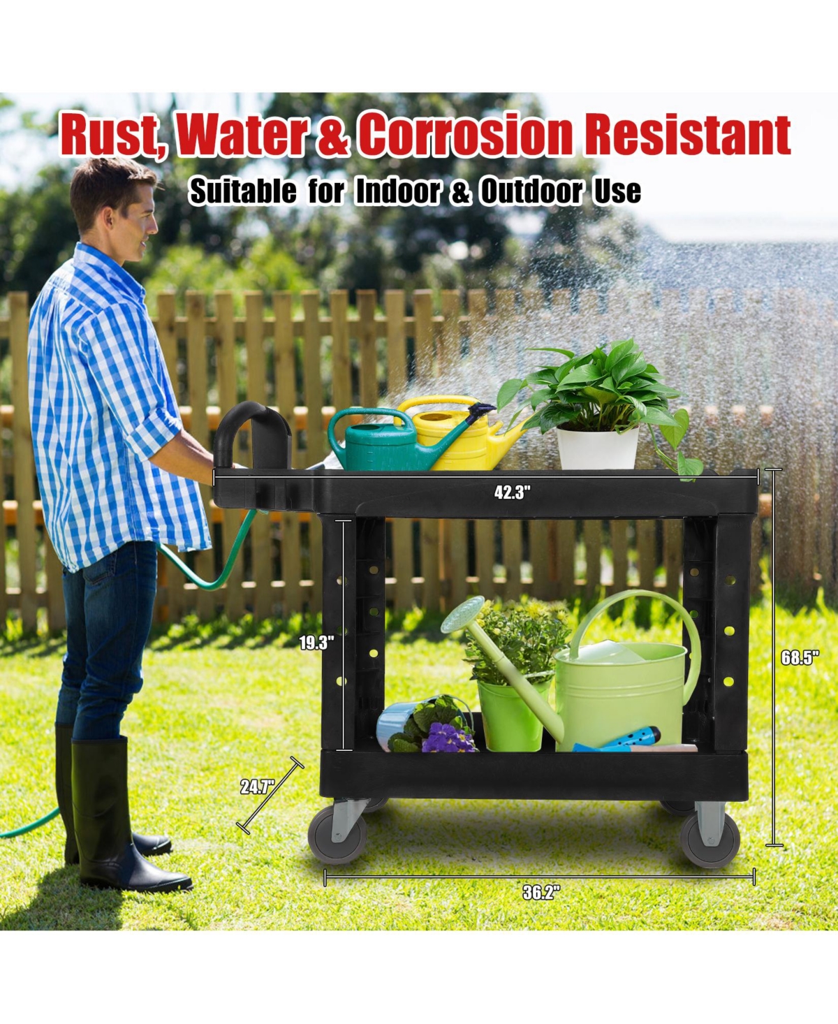 homfan Rolling Bar Cart, 42 Inch Heavy Duty Plastic Utility Cart with 2 Shelves and Locking Wheels for Kitchen or Pantry
