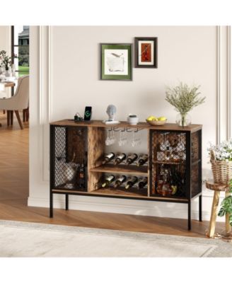 Industrial Wine Bar Cabinet with LED Lights and Power Outlets, Liquor Cabinet with Mesh Doors and Storage Shelves