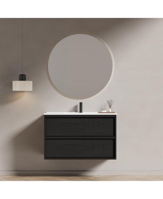 Wall Mounted Bathroom Vanity with Ceramic Sink, Soft Close Drawers, Floating Black Cabinet, Modern Space Saving Storage