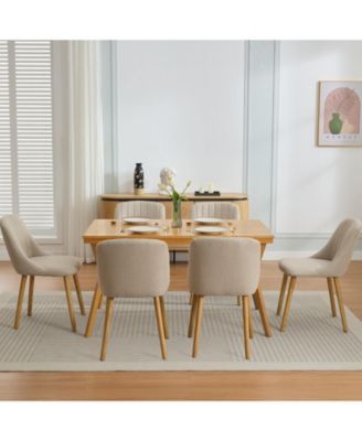 Set of 6 Dining Chairs, Beige Linen Upholstered Modern Chairs with Rubberwood Legs and Ergonomic Backrest for Dining Room or Kitchen