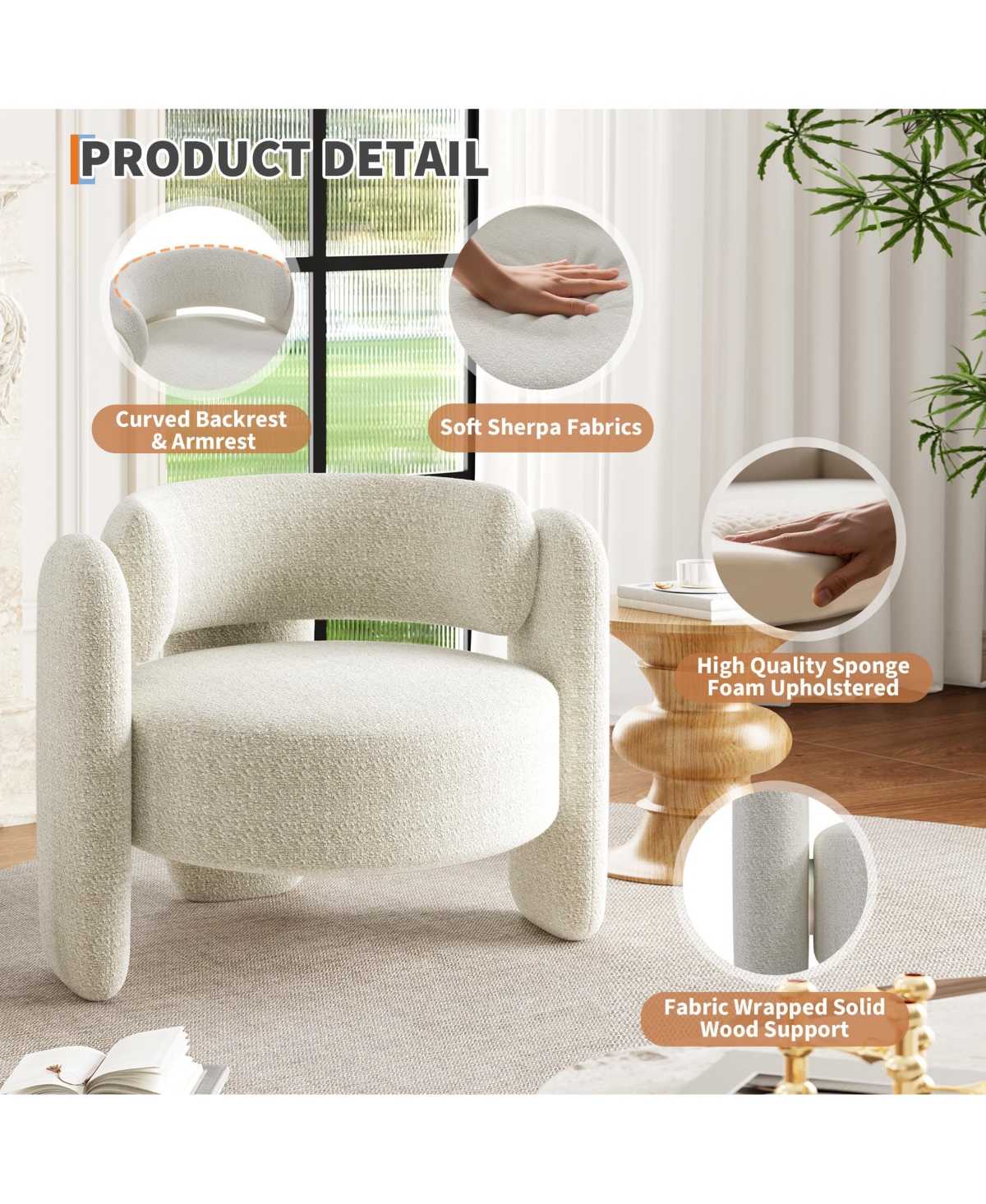 homfan Modern Chenille Accent Armchair – Cozy Round Armrest Lounge Chair, Soft Upholstered Seating for Living Room, Bedroom, Office, or Cafe