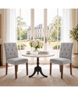 Set of 2 Dining Chairs, Linen Upholstered Parsons Chairs with Wood Legs and High Back for Dining Room or Kitchen
