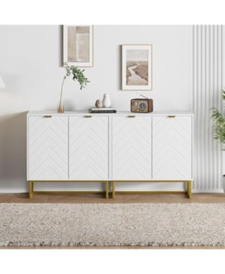 Set of 2 Modern Sideboard Buffet Cabinet, Wood Accent Storage with Herringbone Doors and Shelves, Credenza Console Table