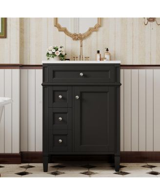 24" French Bathroom Vanity with Ceramic Sink, Modern Freestanding Cabinet, Soft Close Storage Drawers, Adjustable Shelf