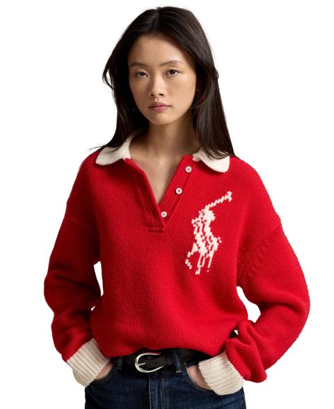 Женский свитер Polo Ralph Lauren Big Pony Rugby, цвет: Красный / Кремовый