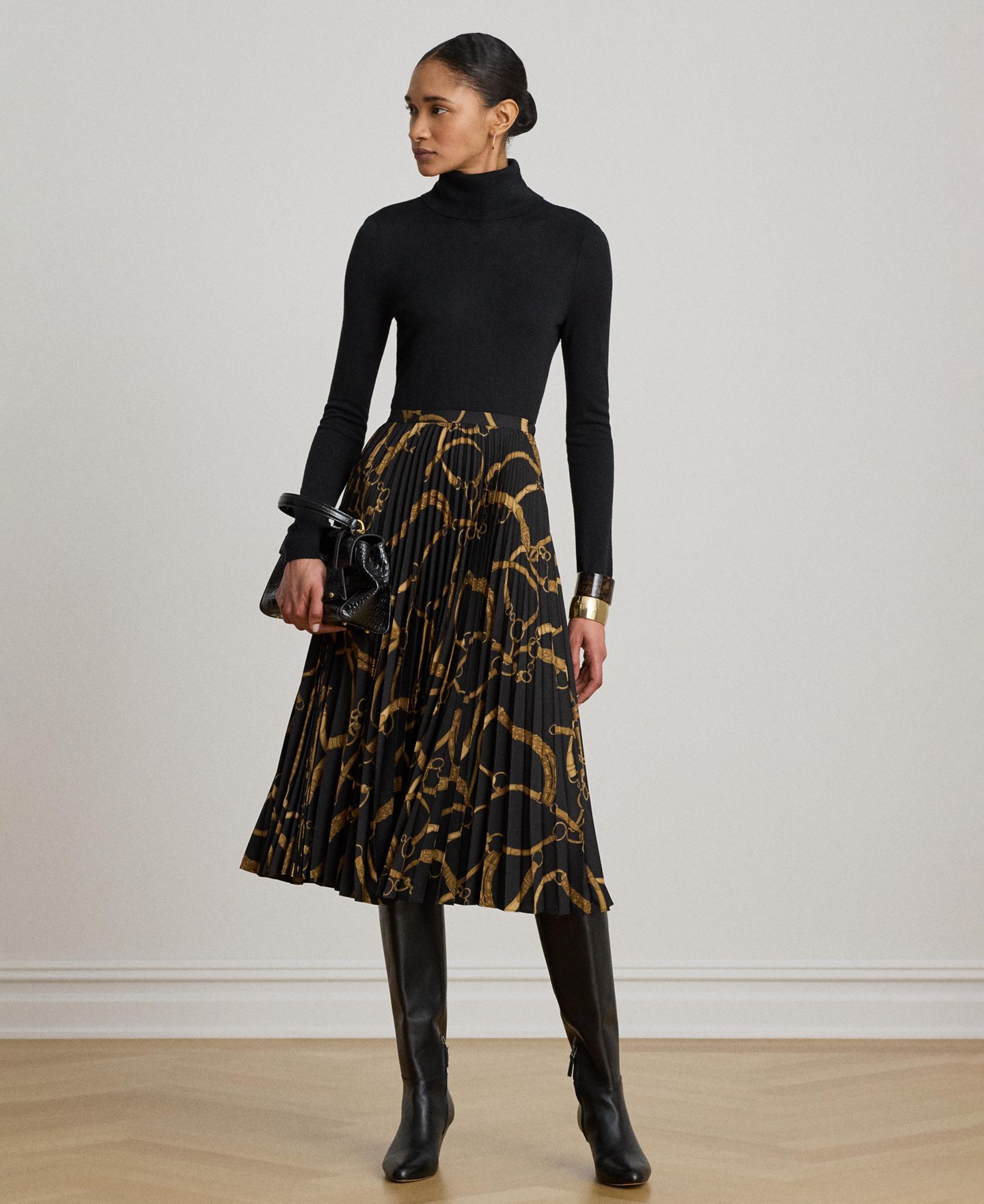 Женская юбка Lauren Ralph Lauren Belting Print Pleated, цвет: Чёрный / Рыжевато-коричневый — фото 2