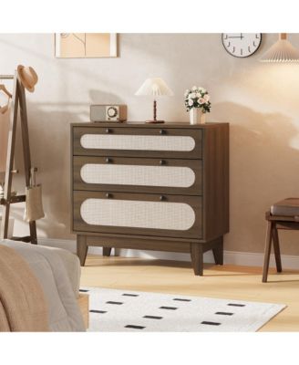 Modern Rattan 3-Drawer Dresser and Bedside Set, Storage Cabinet with Wood Handles, Slim Chest, Ideal for Bedroom, Living Room, Entryway