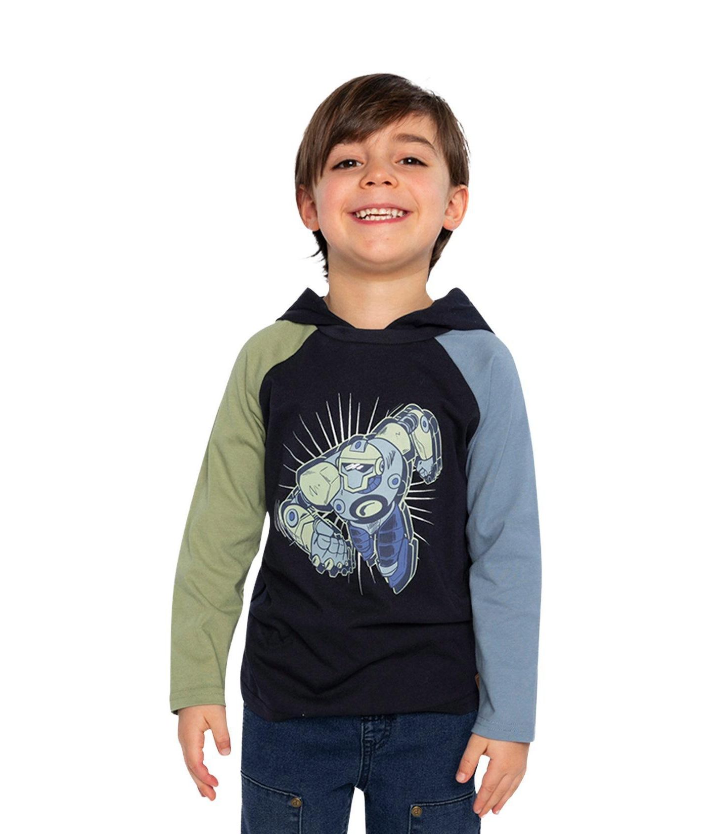 Футболка Deux par Deux Raglan Hooded для мальчиков-малышей, цвет: Синий / Зелёный — фото 2