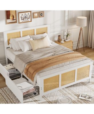 Modern Boho Rattan Bed Frame with 7-Color LED Headboard, King Platform, Cane Footboard, 4 Storage Drawers, Metal Slats