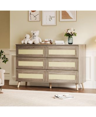 Modern Rattan 6 Drawer Dresser for Bedroom, Chest with Ample Storage, Farmhouse Cabinet for Nursery, Living Room, Hallway, Entryway, Closet