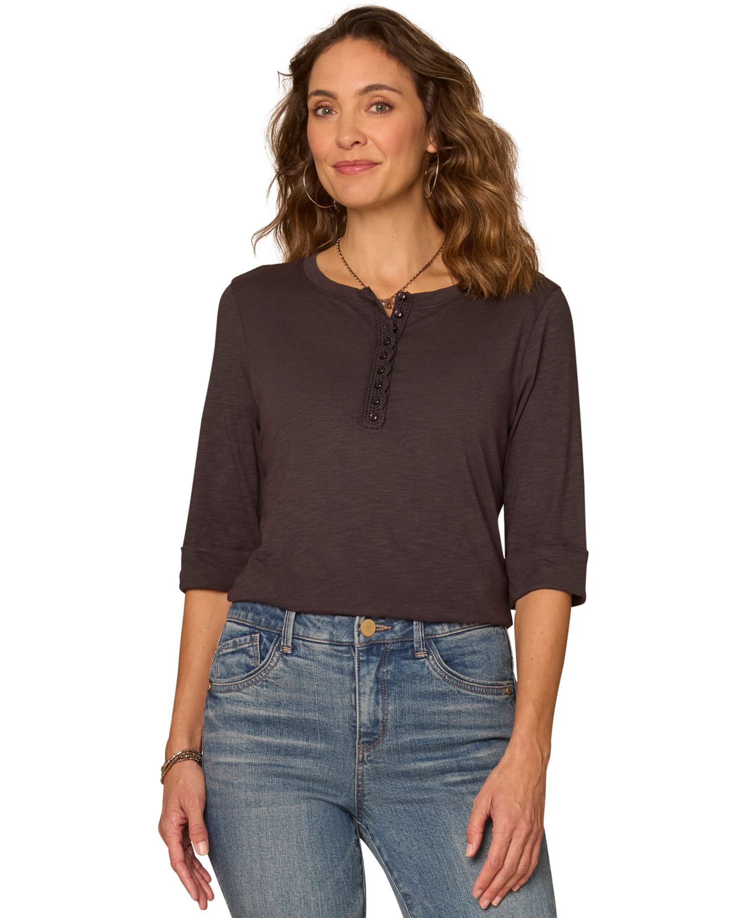 Petite Henley Neck Pull-On Knit Top