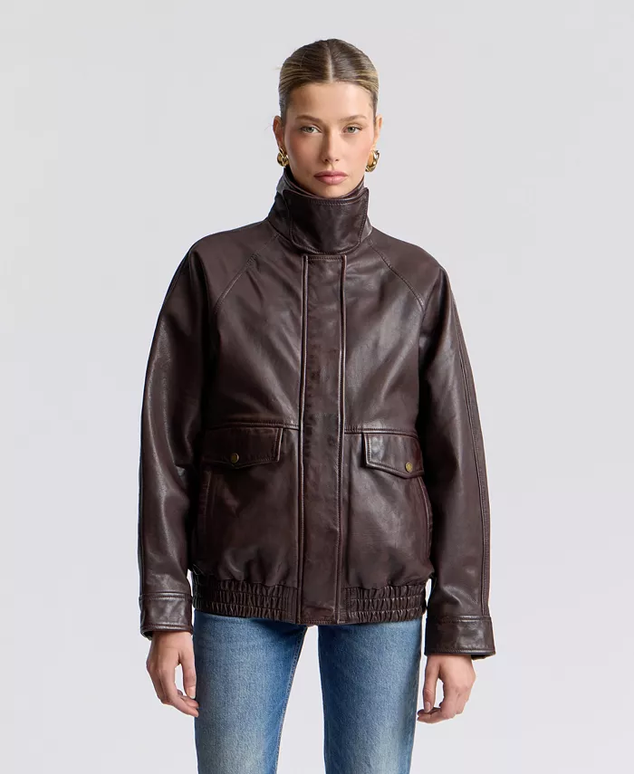 Women's Leather Bomber Coat - thumbnail 4