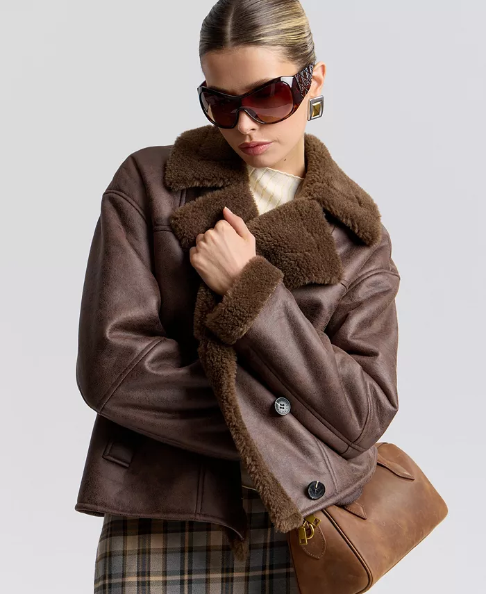 Women's Collared Faux Shearling Coat - thumbnail 6