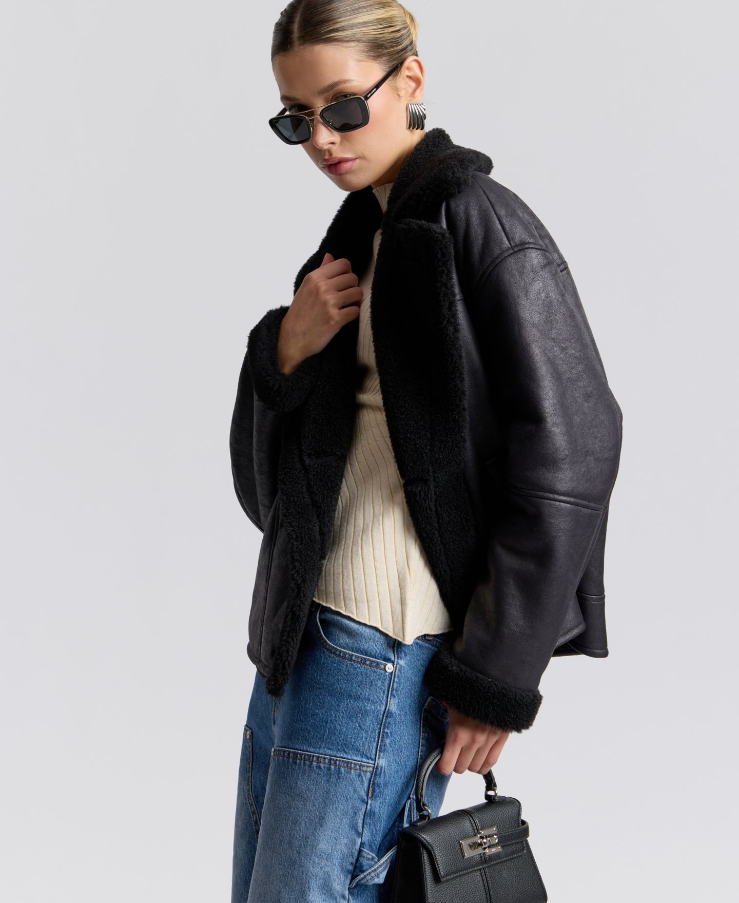 Женское пальто Avec Les Filles Collared Faux Shearling, цвет: Чёрный — фото 4