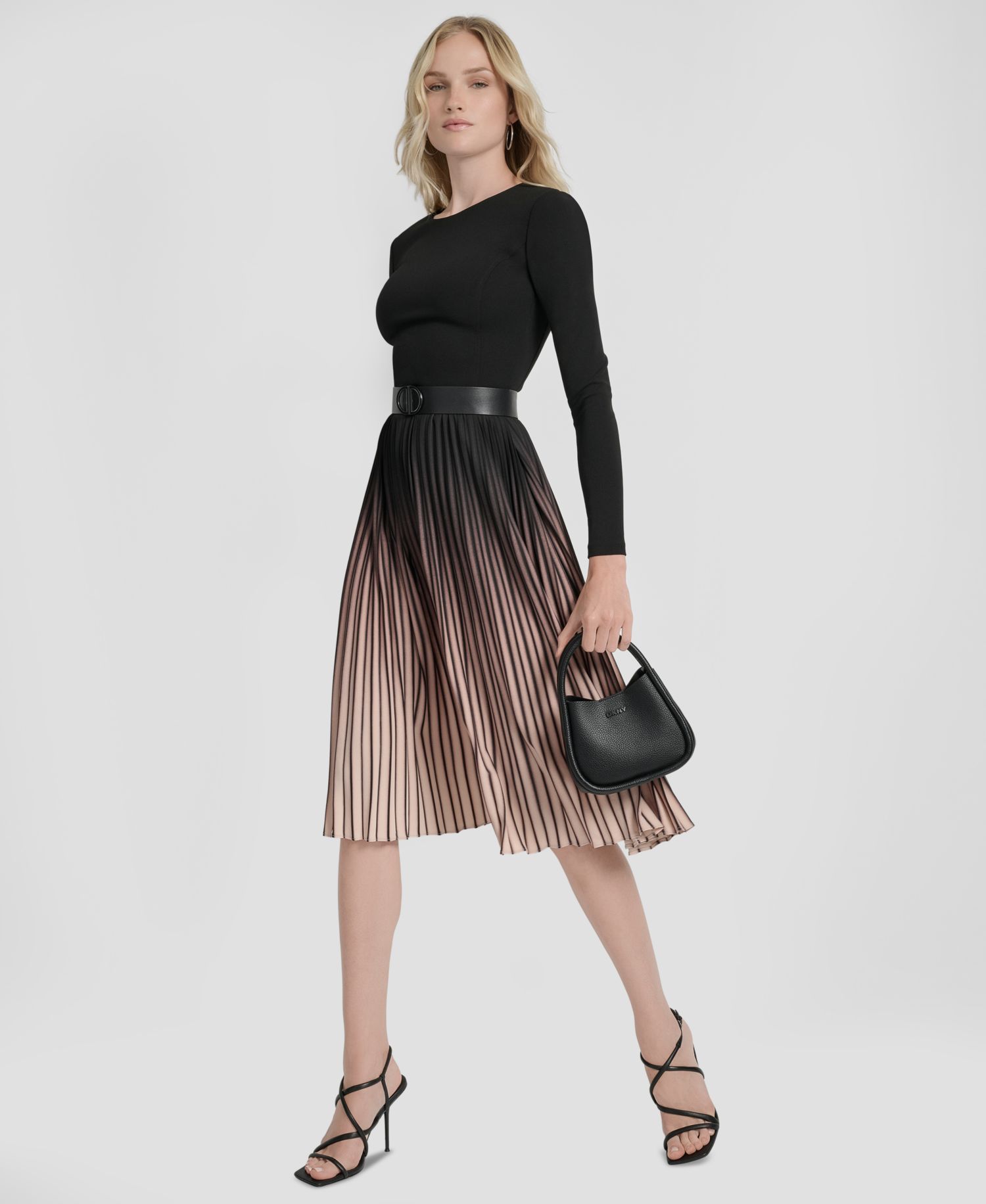 Women's Pleated Jewel Neck Belted Midi Dress