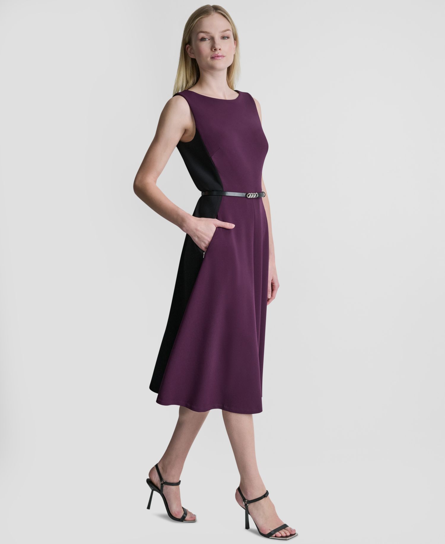 Women's Sleeveless Boat Neck Belted Midi Dress