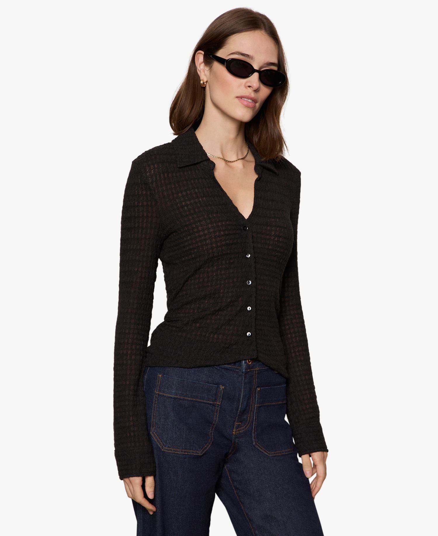 Petite Juno Textured Long-Sleeve Spread Collar Shirt