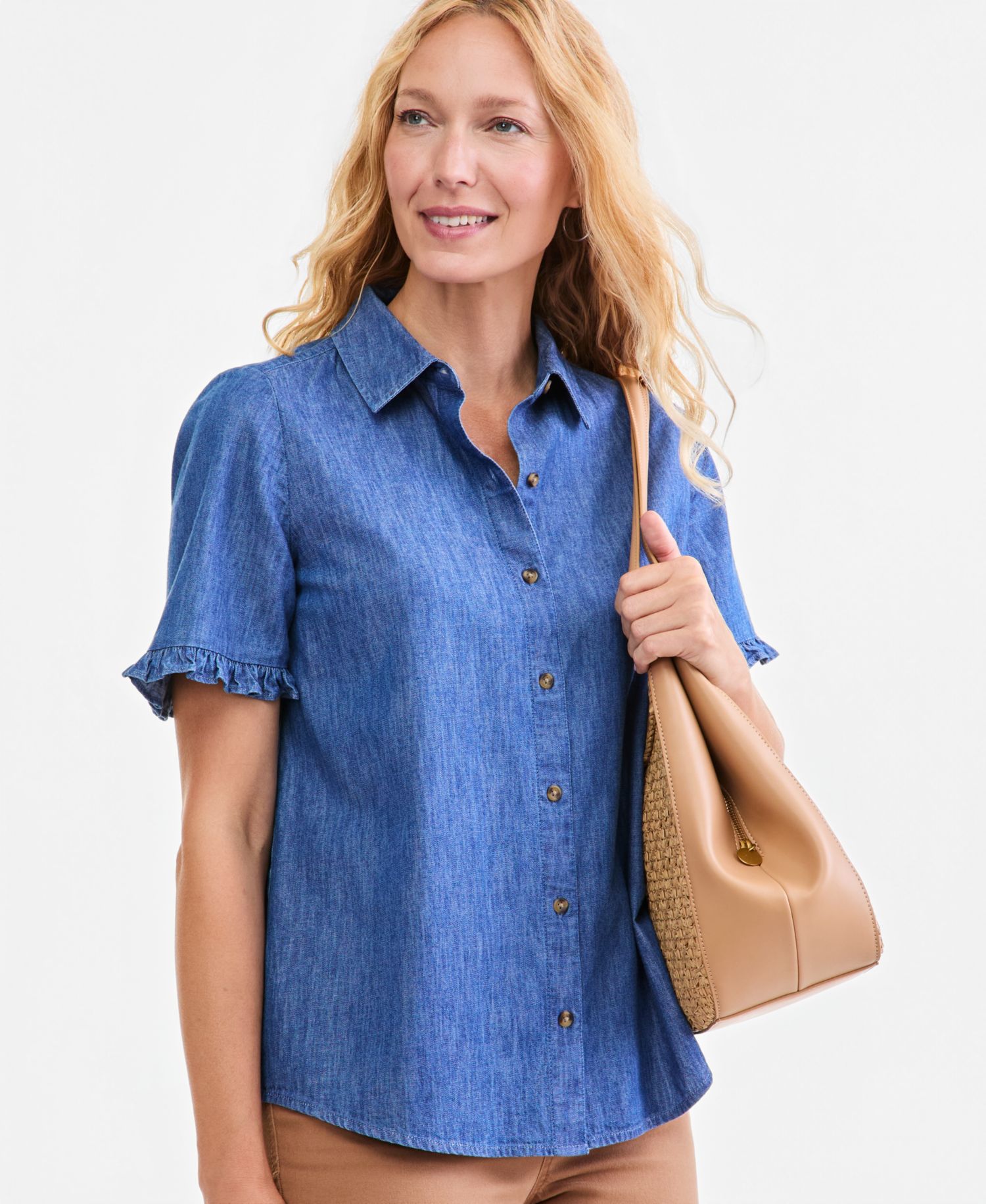 Petite Ruffle-Sleeve Button-Up Camp Shirt