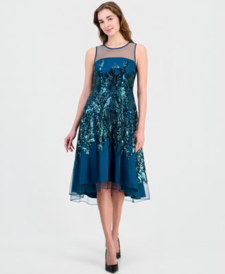 Women's Illusion and Sequin Midi Boat-Neck Sleeveless Dress