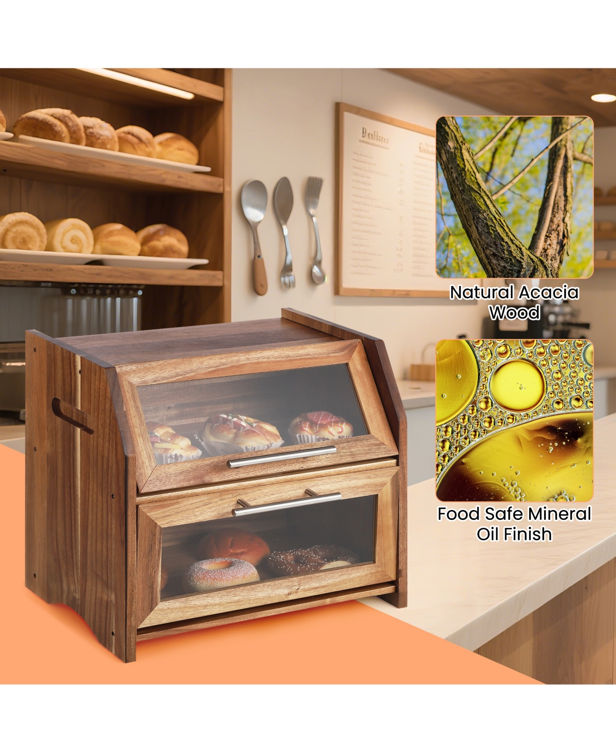 homfan Acacia Wood Bread Box with Sliding Lid, Kitchen Countertop Food Storage Container for Bread Pastry