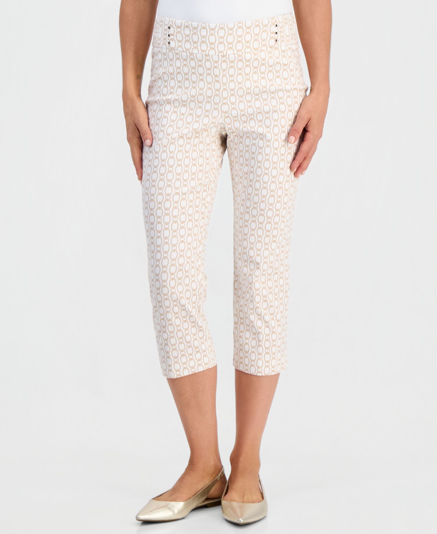 Petite Chain Rivet Capri Pull-On Mid-Rise Geometric Pants