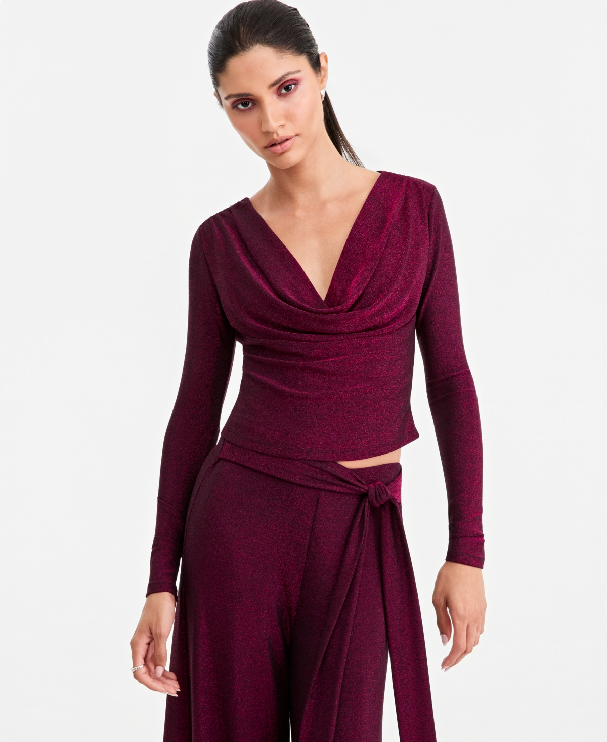 Lapointe X Macy's Women's Long-Sleeve Metallic-Knit Crop Cowl Neck Blouse, Exclusive