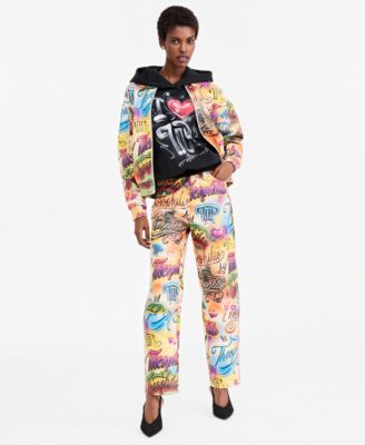 Women's Graffiti Print Faux-Leather Jacket, Graphic Hoodie Pullover Sweatshirt & High-Rise Graffiti Print Straight Leg Pants