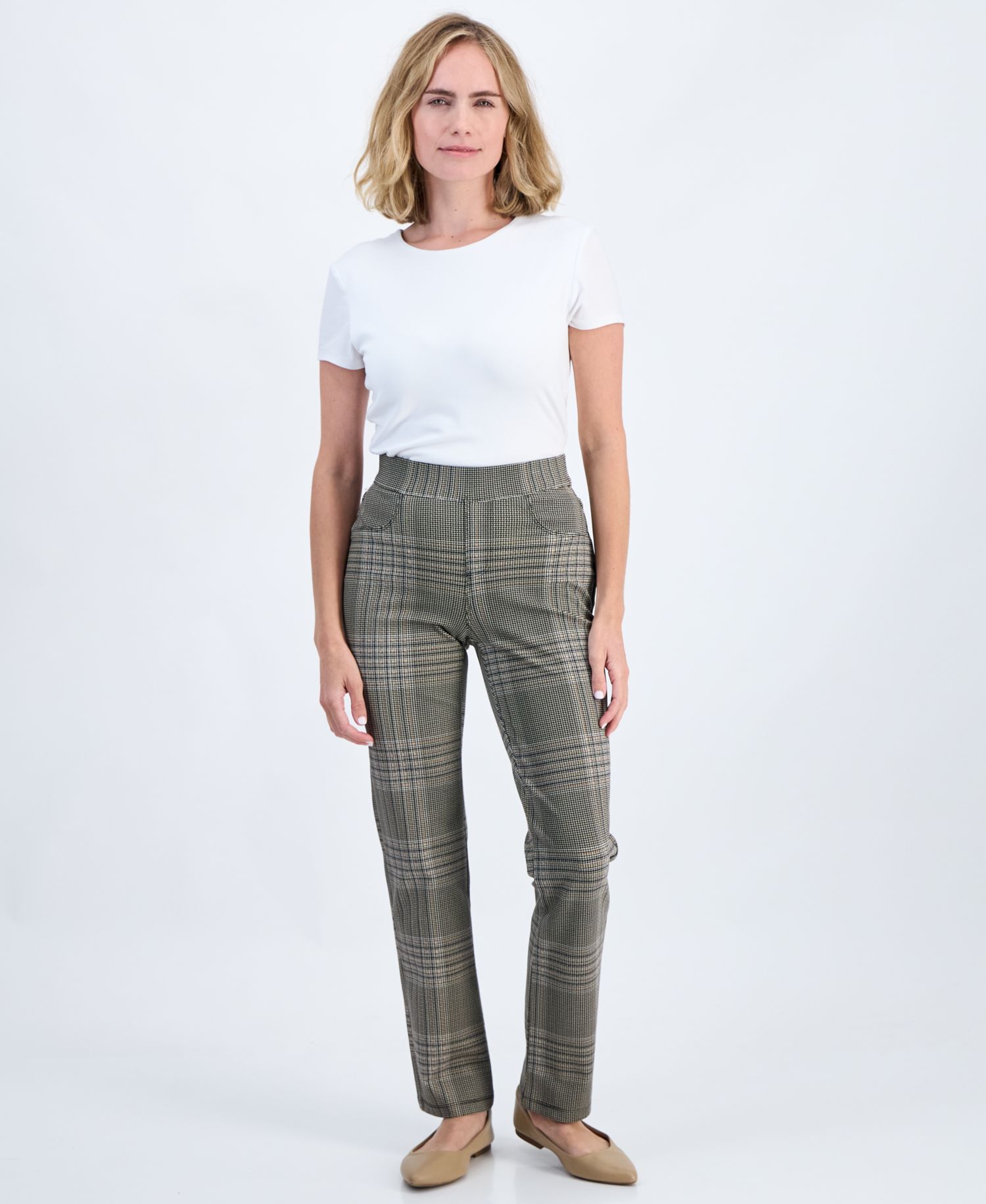 Petite Plaid High-Rise Pull-On Ponte Pants