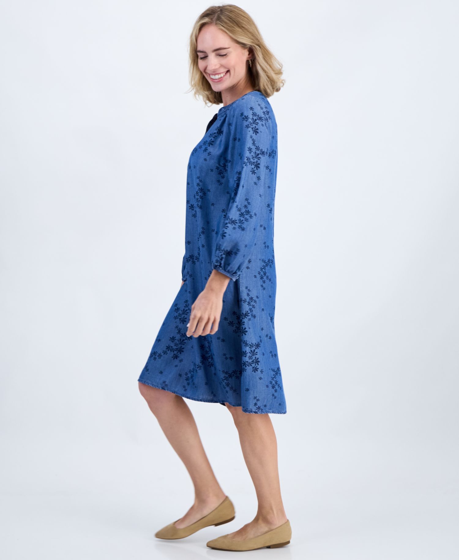 Petite Printed Chambray V-Neck Popover Dress
