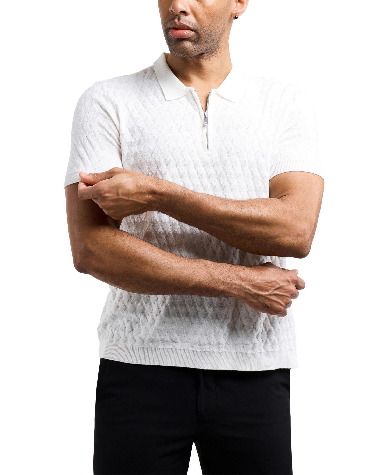 Men's Quarter Zip Allover Argyle Knit Sweater Polo
