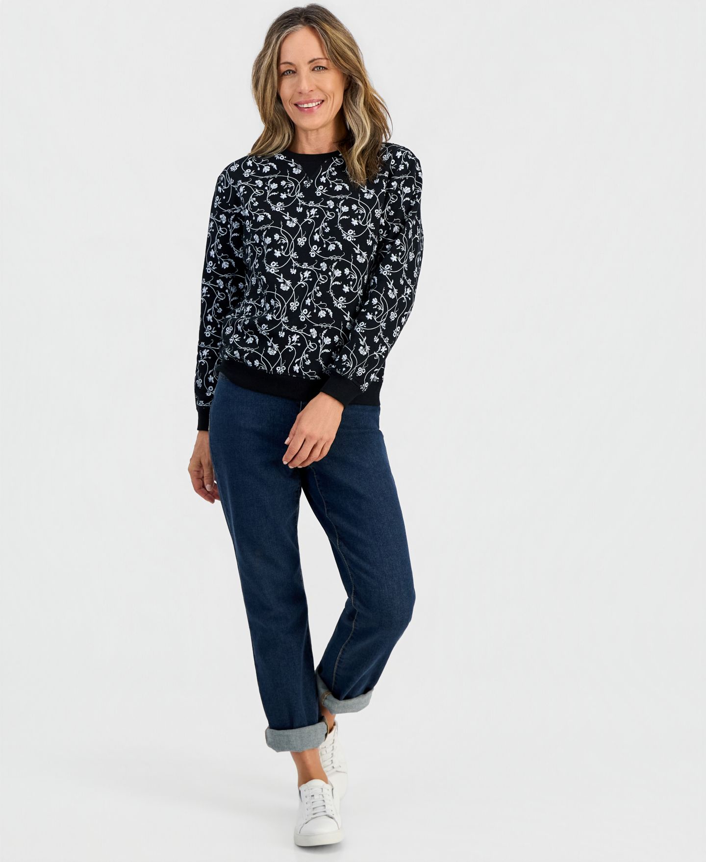Женский свитшот Style & Co Petite Floral Crewneck Fleece, цвет: Глубокий чёрный — фото 4