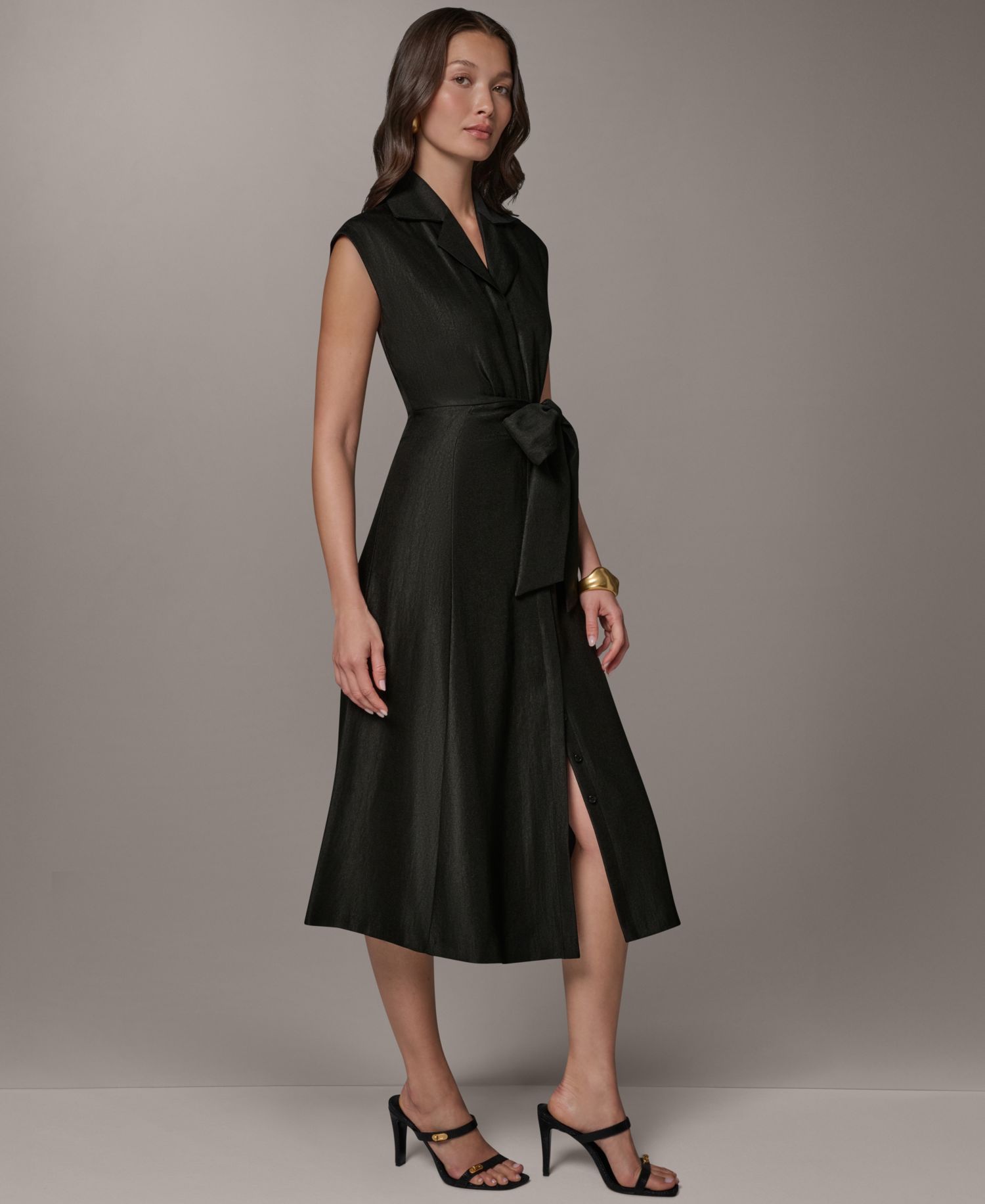 Women's Cap-Sleeve Collared with Self-Tie Belt Shirt Dress