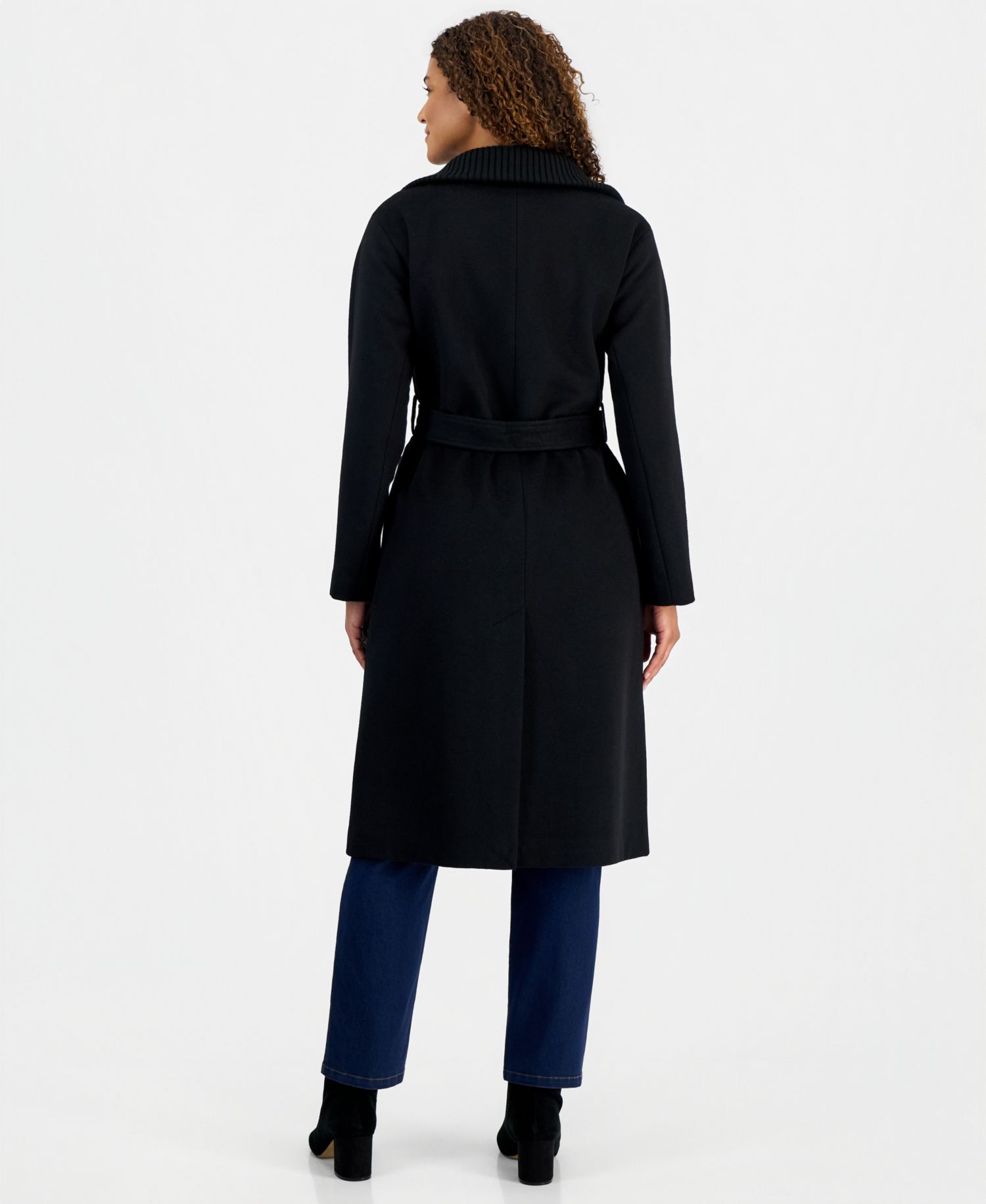 Women's Belted Knit-Collar Textured Coat