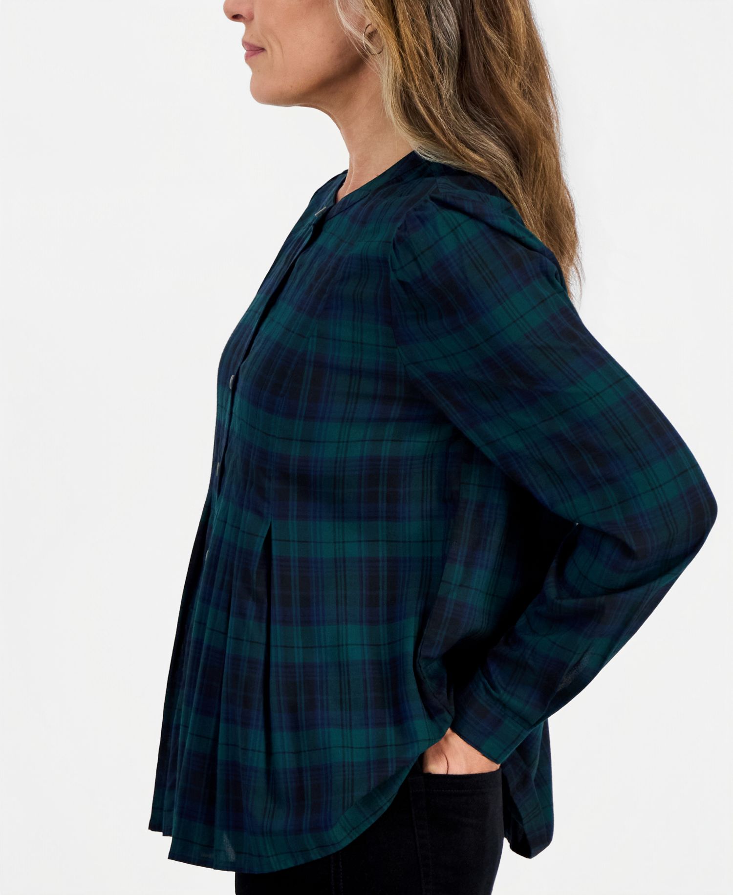 Petite Scott Plaid Button-Up Pleated Blouse