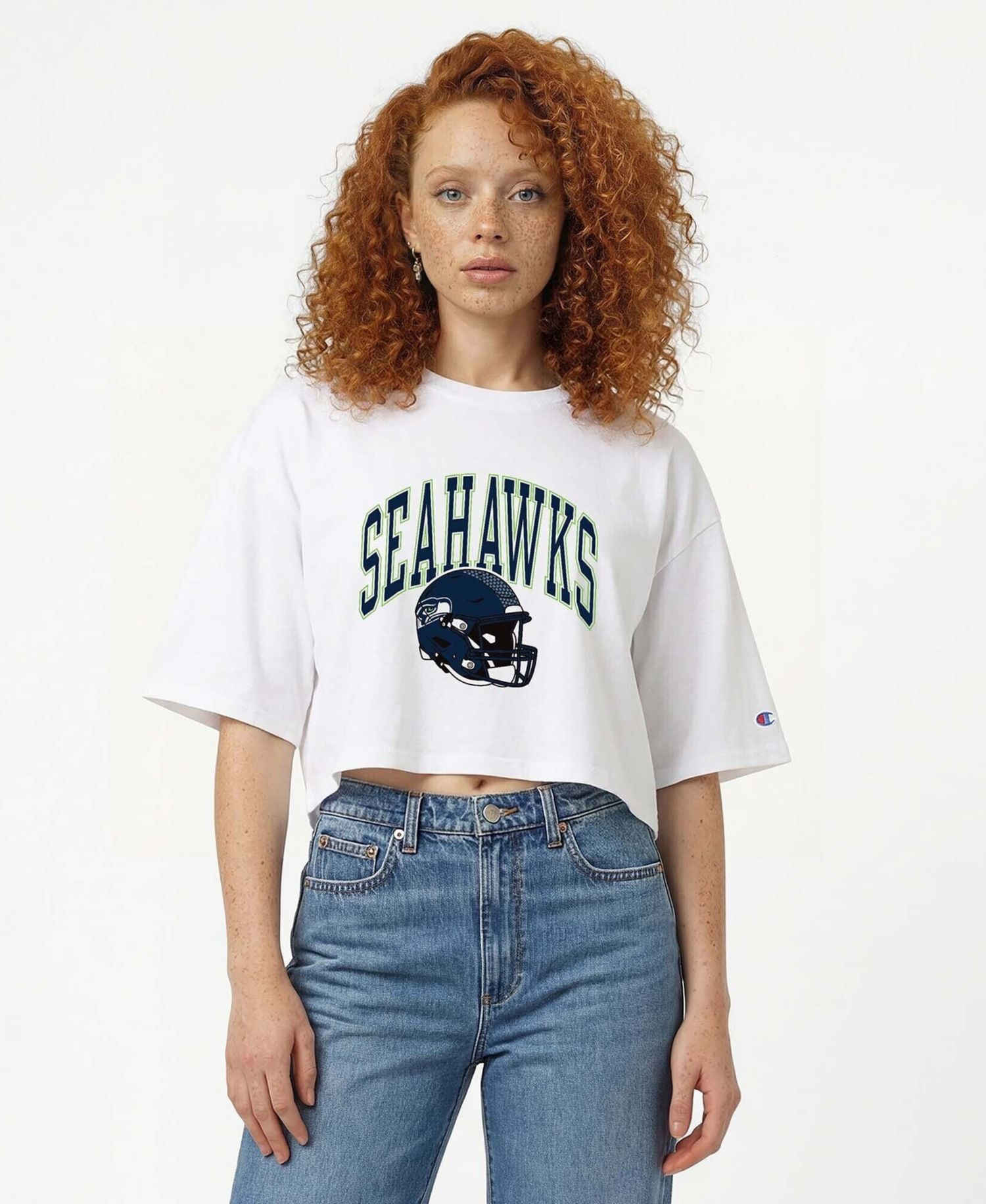 Women's White Seattle Seahawks Boyfriend Cropped T-Shirt