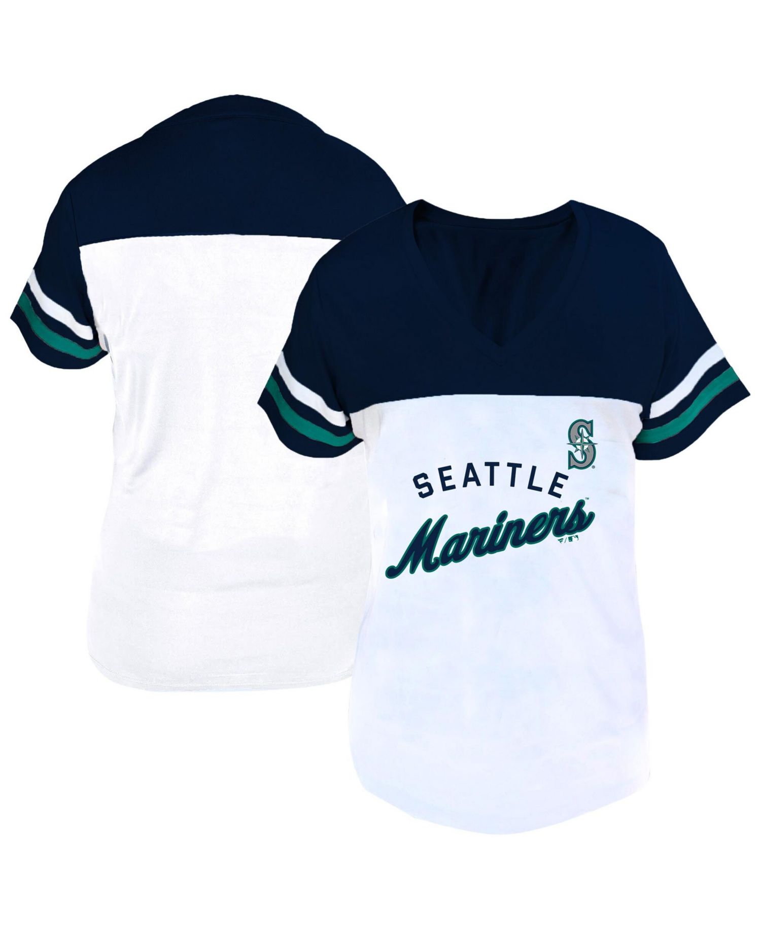 Women's Profile White/Navy Seattle Mariners Plus Size Two-Stripe V-Neck T-Shirt