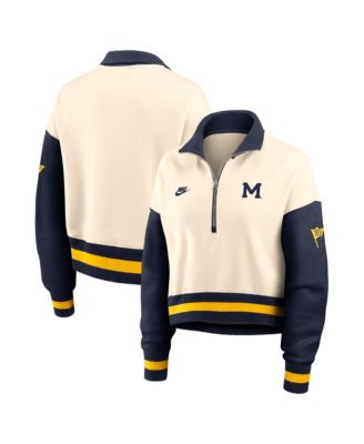 Women's Natural/Navy Michigan Wolverines Oversized Legacy Color Block Cropped Quarter-Zip Pullover Sweatshirt