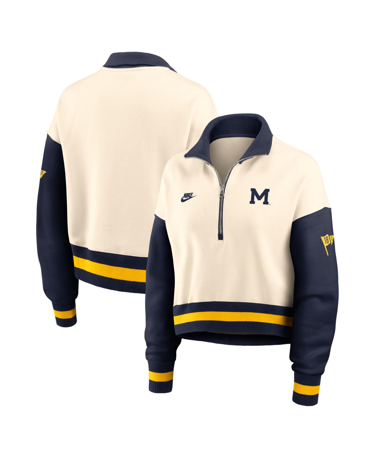 Women's Natural/Navy Michigan Wolverines Oversized Legacy Color Block Cropped Quarter-Zip Pullover Sweatshirt