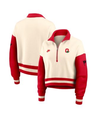 Women's Natural/Scarlet Ohio State Buckeyes Oversized Legacy Color Block Cropped Quarter-Zip Pullover Sweatshirt